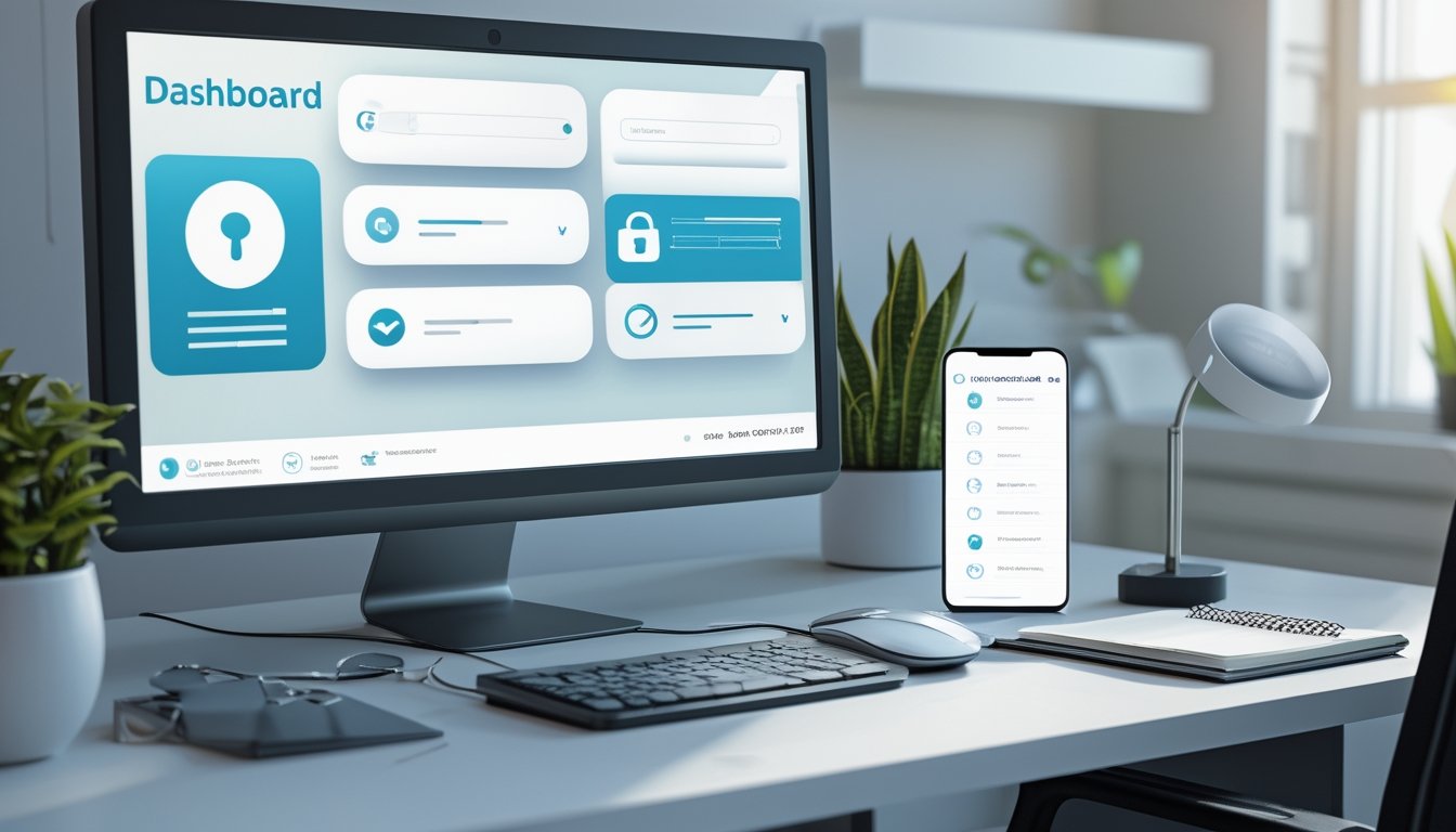 Meja kerja modern dengan monitor dan ponsel yang menampilkan simbol keamanan digital abstrak, serta kaca pembesar dan buku catatan kosong.