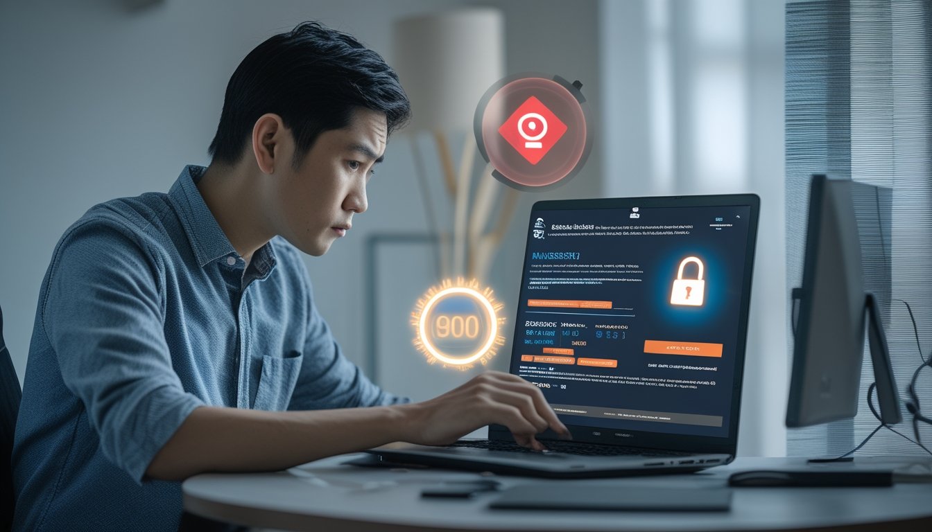Seseorang memeriksa situs taruhan mencurigakan di laptop dengan simbol peringatan dan keamanan digital.