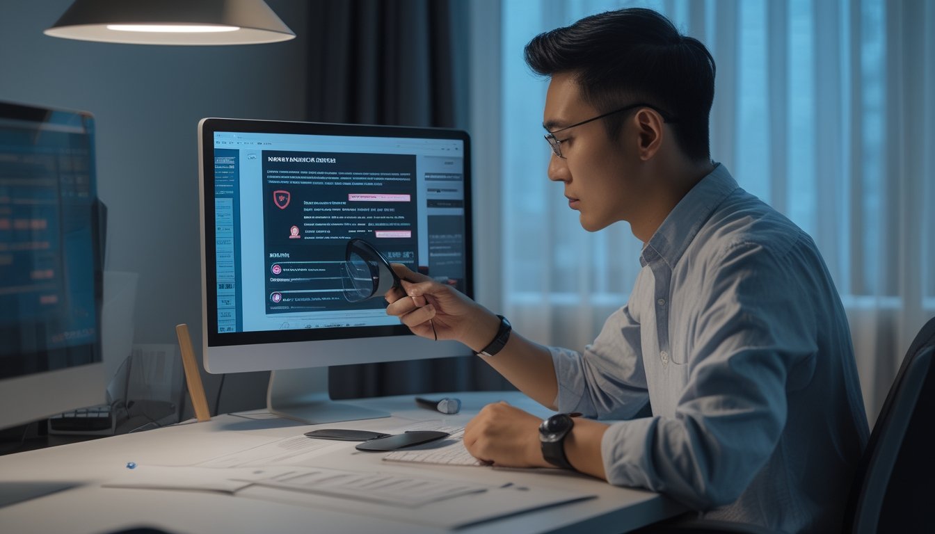 Seorang pemain memeriksa laptop dan ponsel dengan tanda peringatan keamanan untuk mengenali situs taruhan palsu.