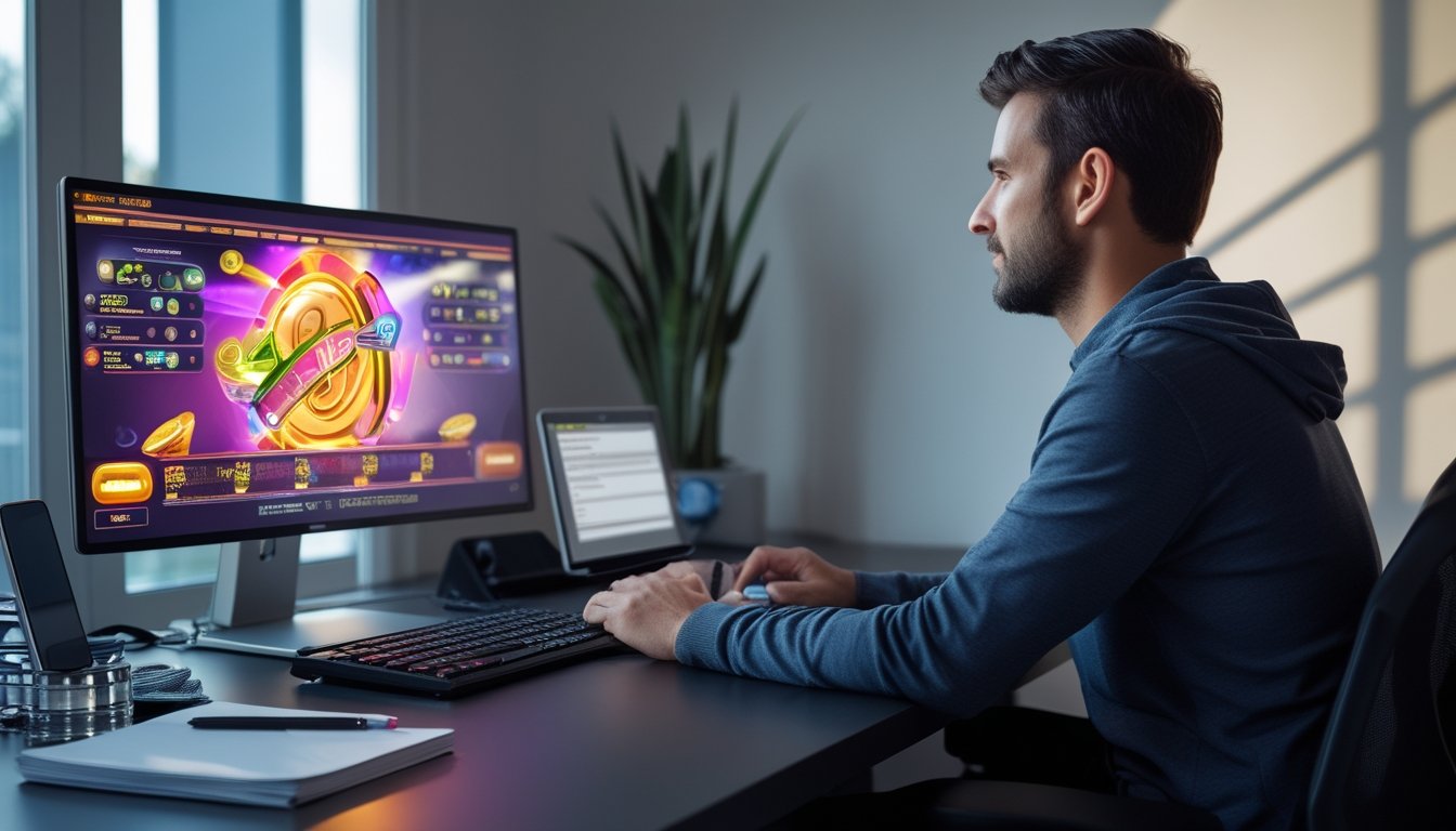 Seorang pemain dewasa fokus melihat permainan slot digital di meja kerja modern.