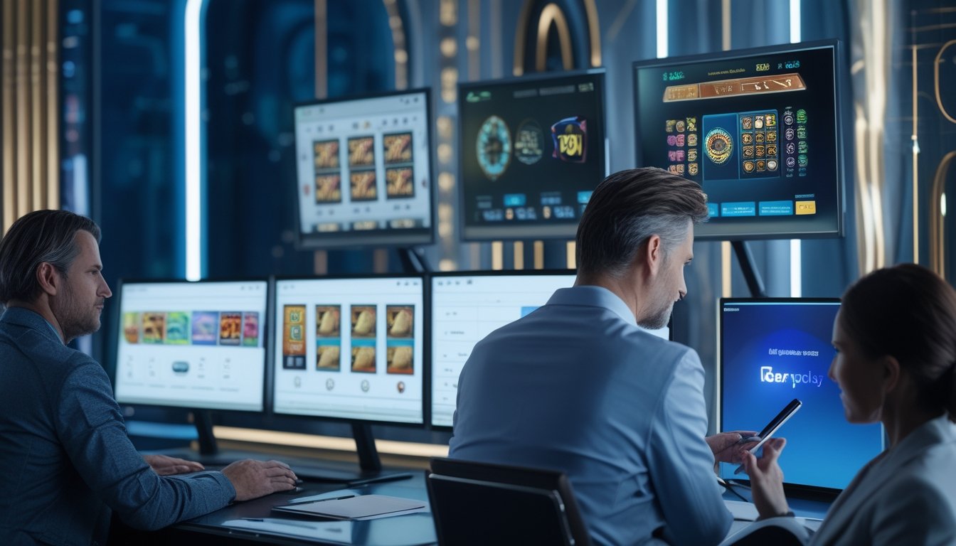 Sekelompok pemain dewasa mengevaluasi platform permainan slot digital di ruang modern.