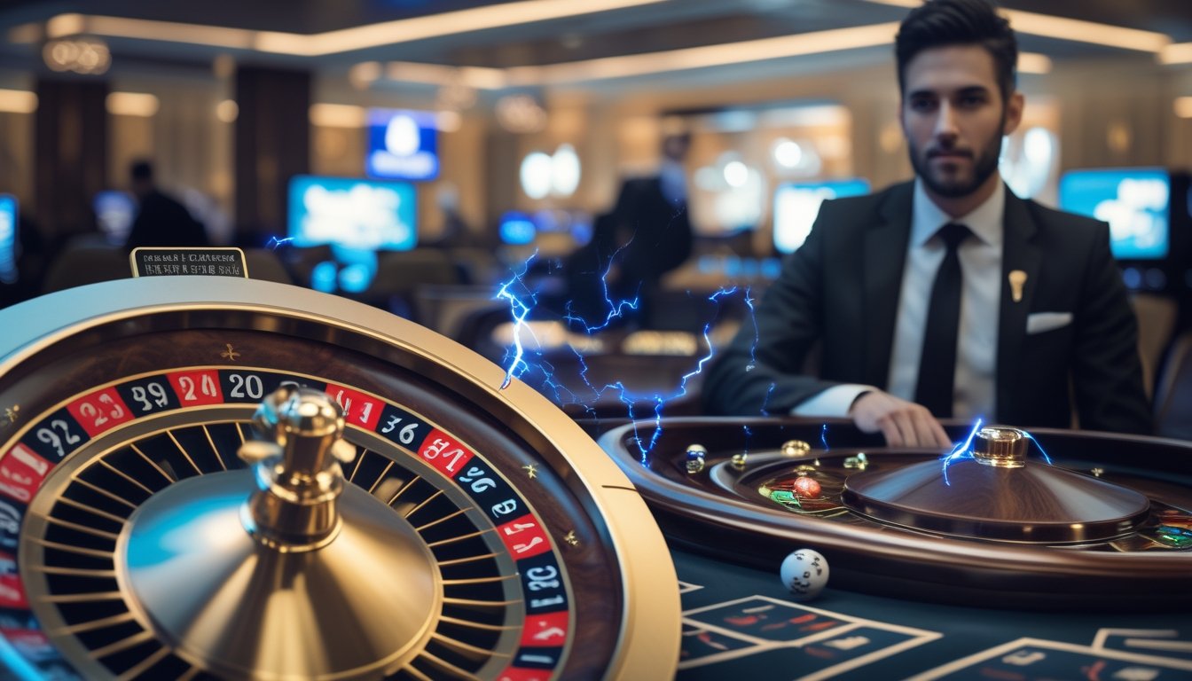 Roda roulette bercahaya dengan dealer profesional di lingkungan kasino modern.