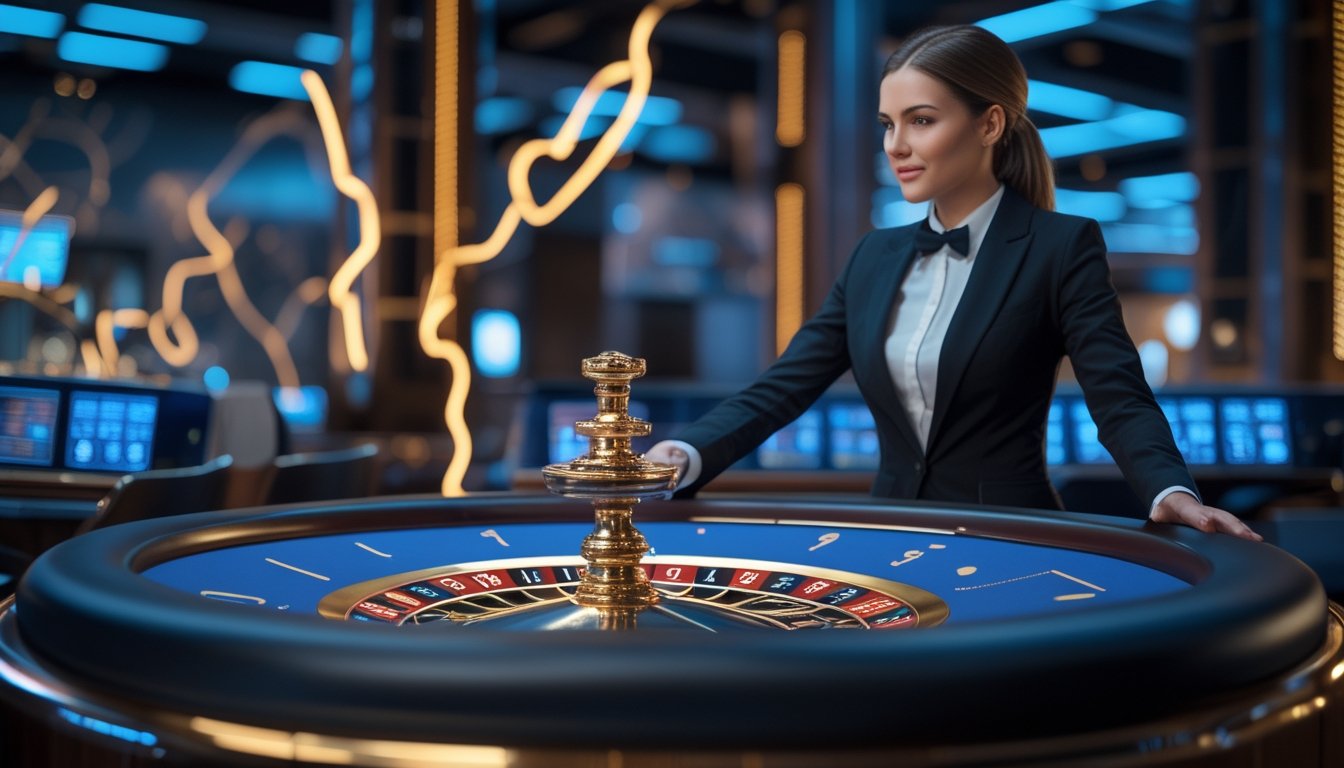 Host berdiri di samping meja roulette dengan roda roulette bercahaya di lingkungan kasino modern.