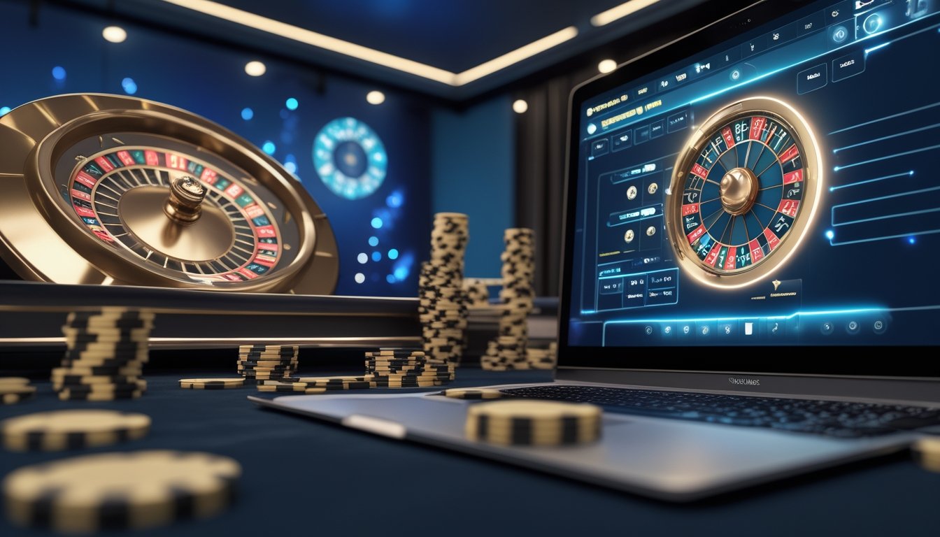 Meja roulette modern dengan roda bercahaya biru dan layar komputer yang menampilkan permainan roulette.