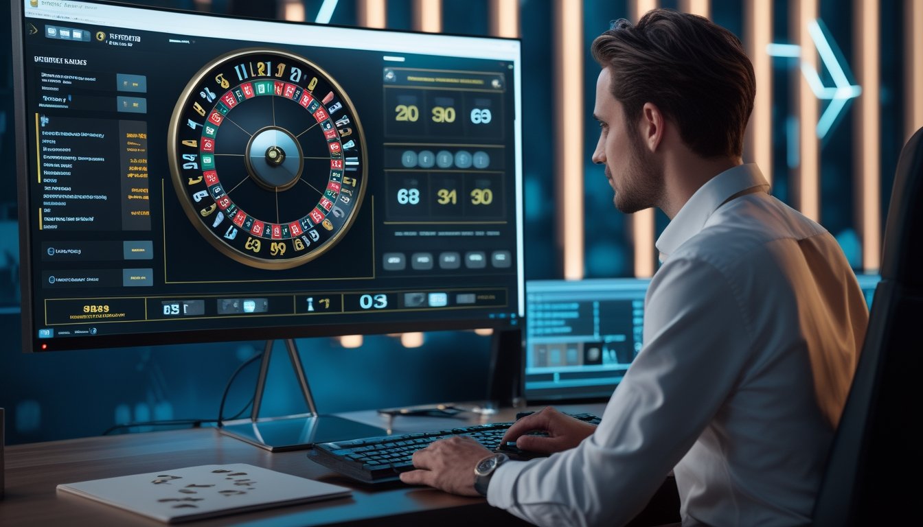 Seorang analis mengamati roda roulette digital dan grafik pola angka di meja kerja modern.