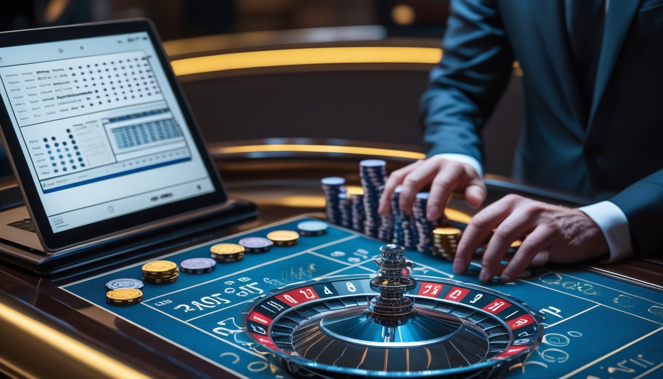 Meja roulette modern dengan roda roulette, keping taruhan, dan perangkat yang menampilkan grafik analisis peluang.