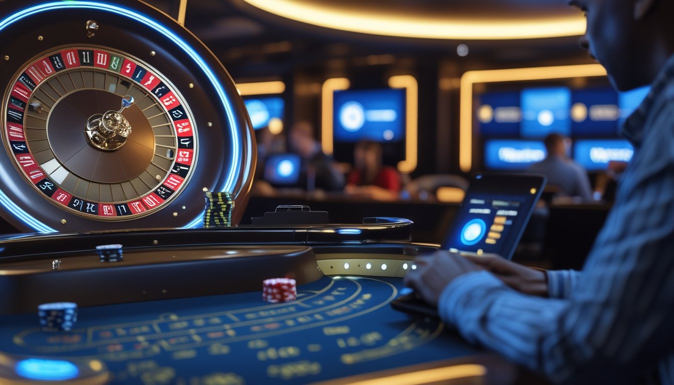 Roda roulette modern dengan aksen kilat biru di lingkungan kasino elegan, sementara seseorang menggunakan perangkat digital.