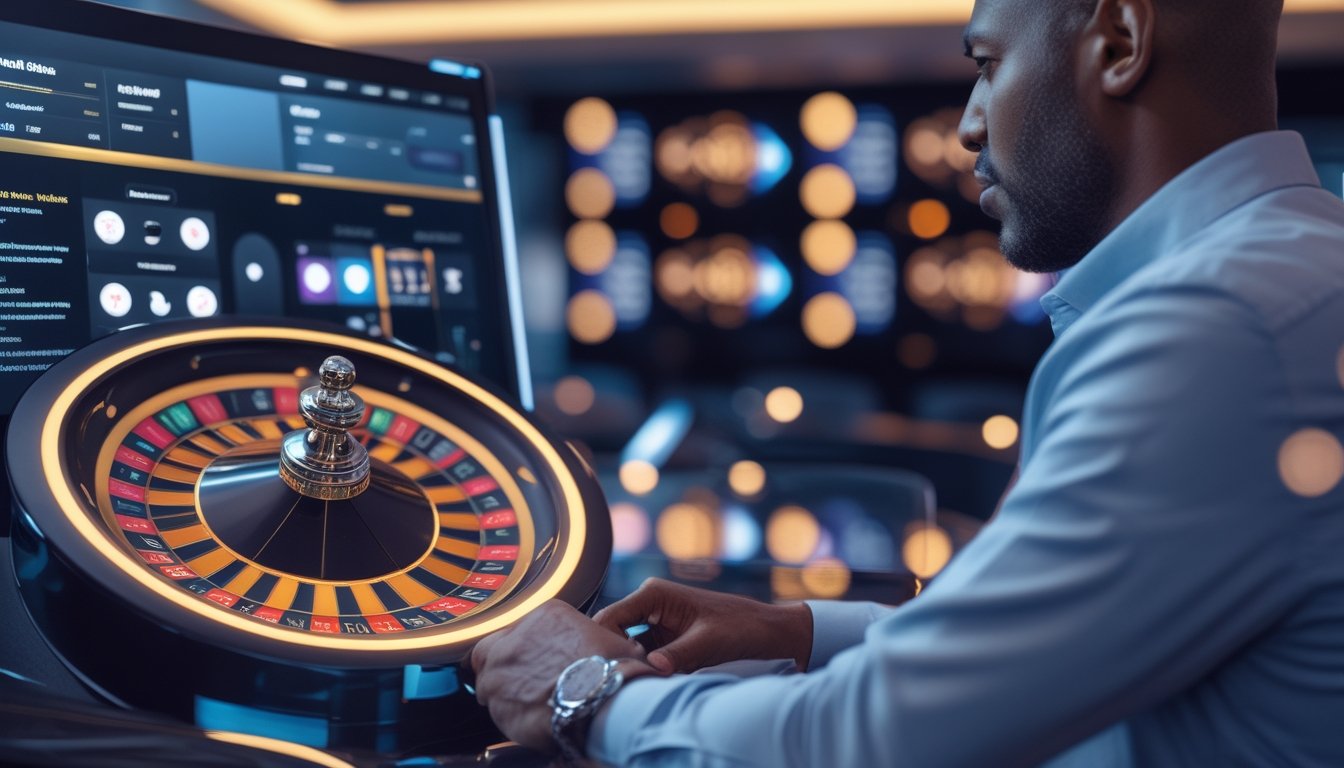 Pengguna dewasa melihat permainan roulette digital dengan roda roulette bercahaya di lingkungan kasino modern.