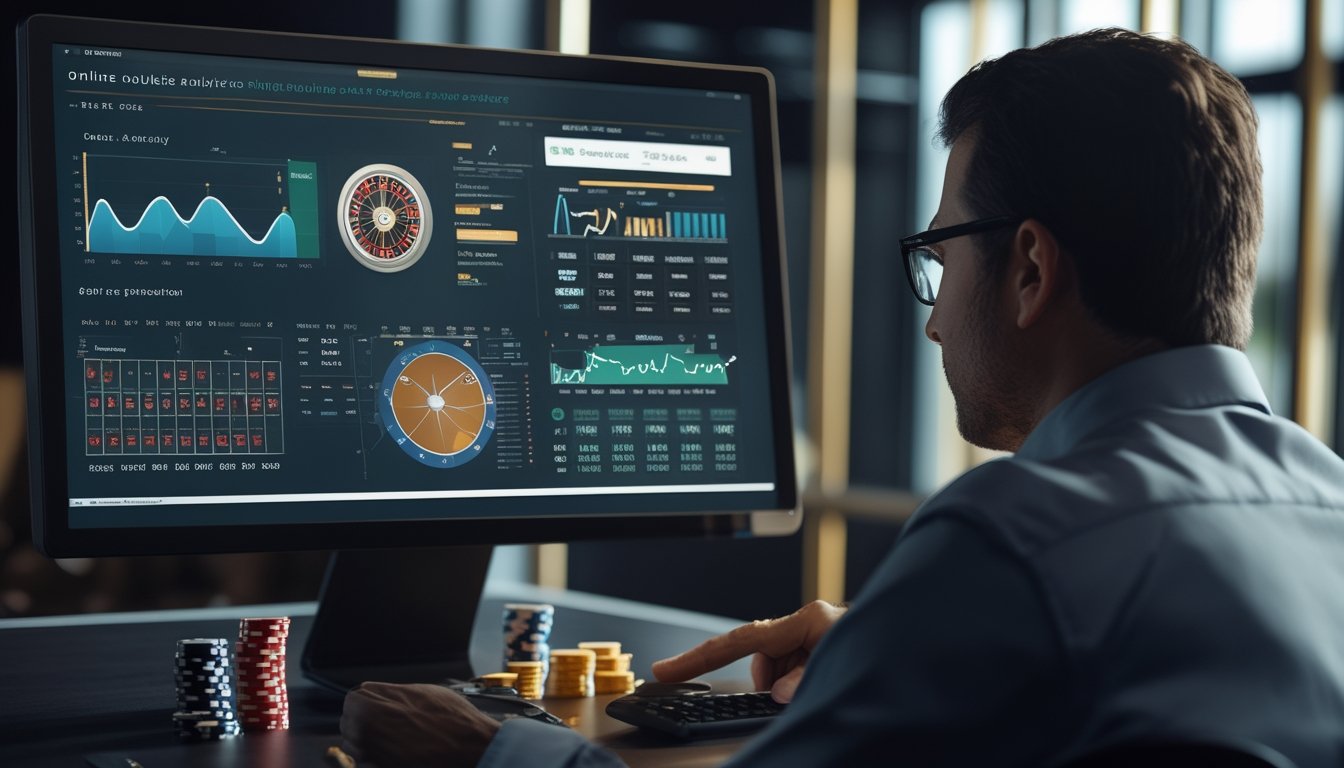 Seorang analis memeriksa dashboard statistik roulette di ruang kerja modern dengan roda roulette dan chip kasino di sampingnya.