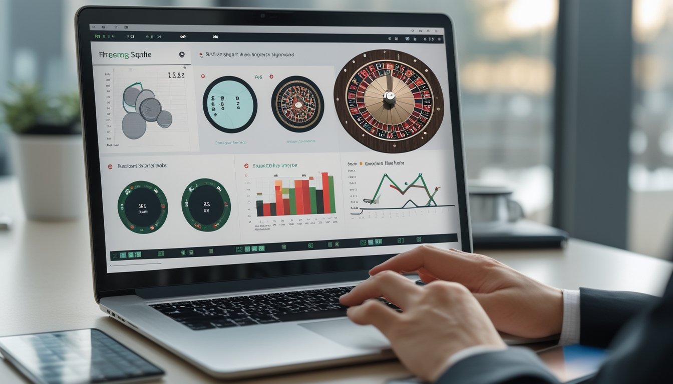 Meja kerja modern dengan laptop yang menampilkan grafik statistik dan elemen visual roda roulette.