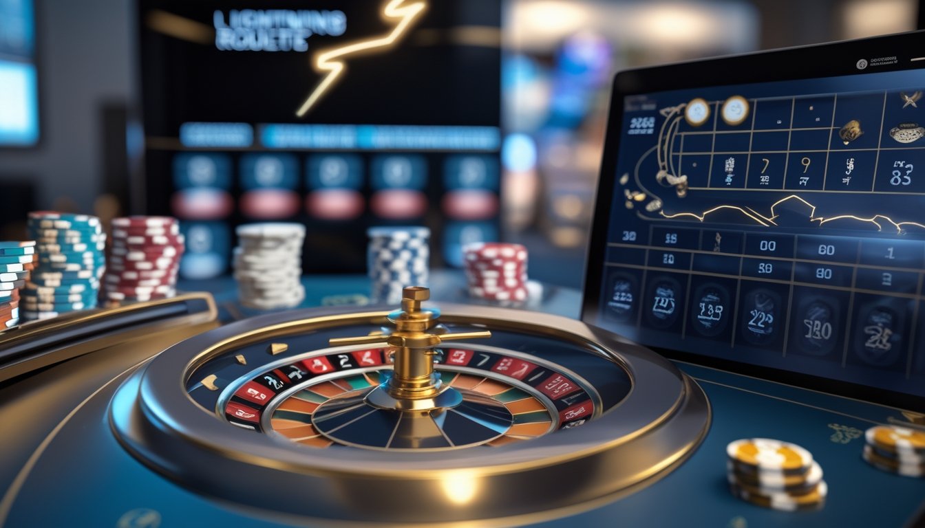 Roda roulette modern dengan chip taruhan dan layar komputer yang menampilkan antarmuka permainan roulette.