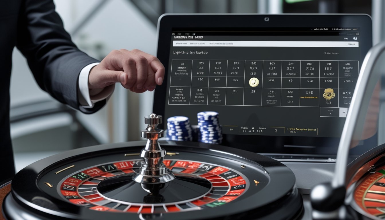 Meja roulette modern dengan roda roulette, keping taruhan, dealer, dan layar permainan daring tanpa teks.