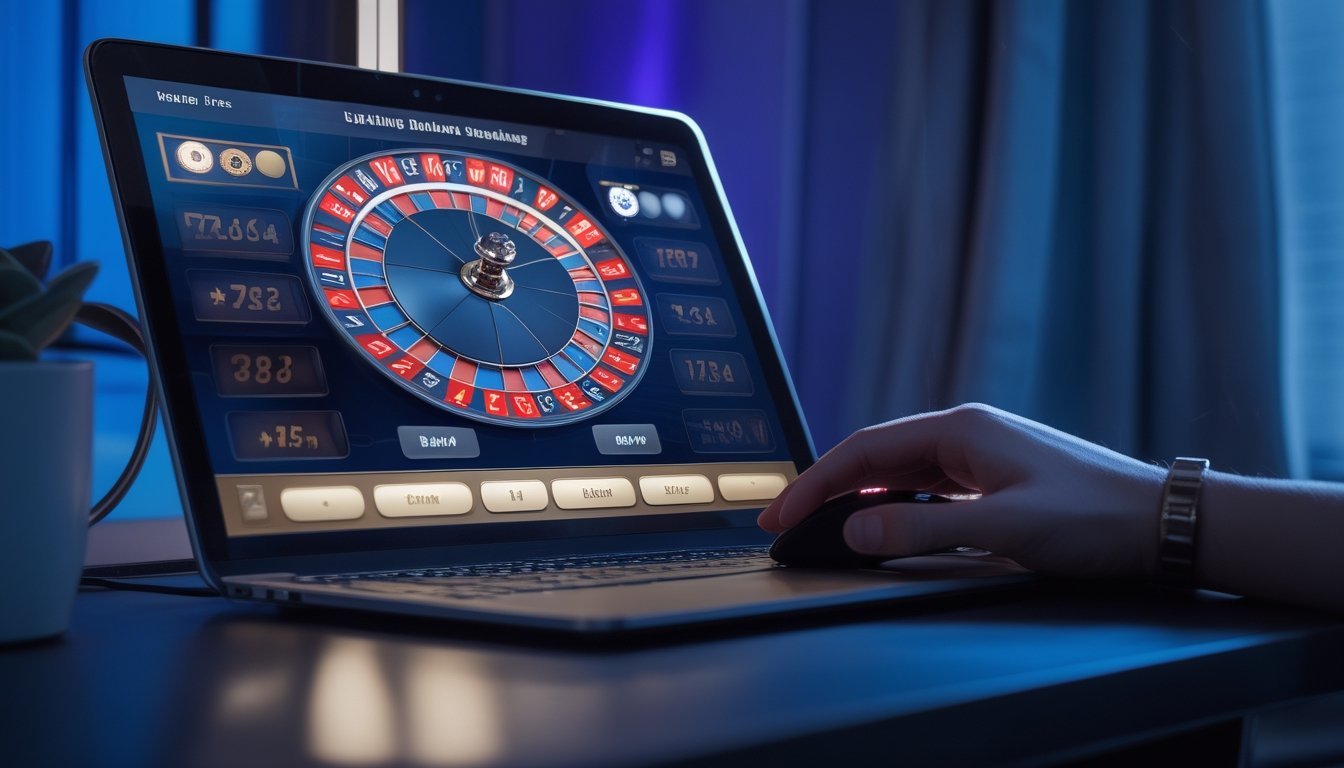 Seseorang menganalisis roda roulette digital dengan beberapa angka yang disorot cahaya di meja kerja modern.