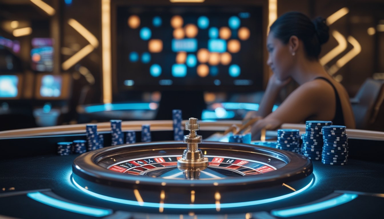 Pemain dewasa mengamati roda roulette bercahaya sambil menempatkan keping taruhan di meja kasino modern.