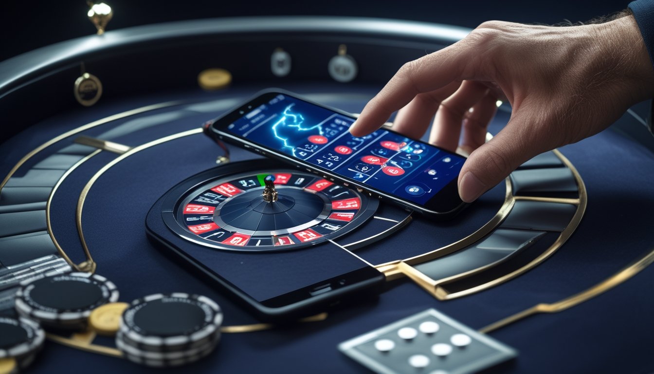 Tangan orang dewasa menggunakan ponsel yang menampilkan permainan roulette di atas meja kasino, dengan roda roulette dan ponsel kedua di sampingnya.