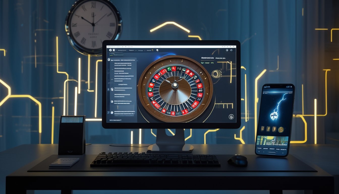 Meja permainan digital dengan roda roulette bercahaya dan jam dinding pada malam hari.