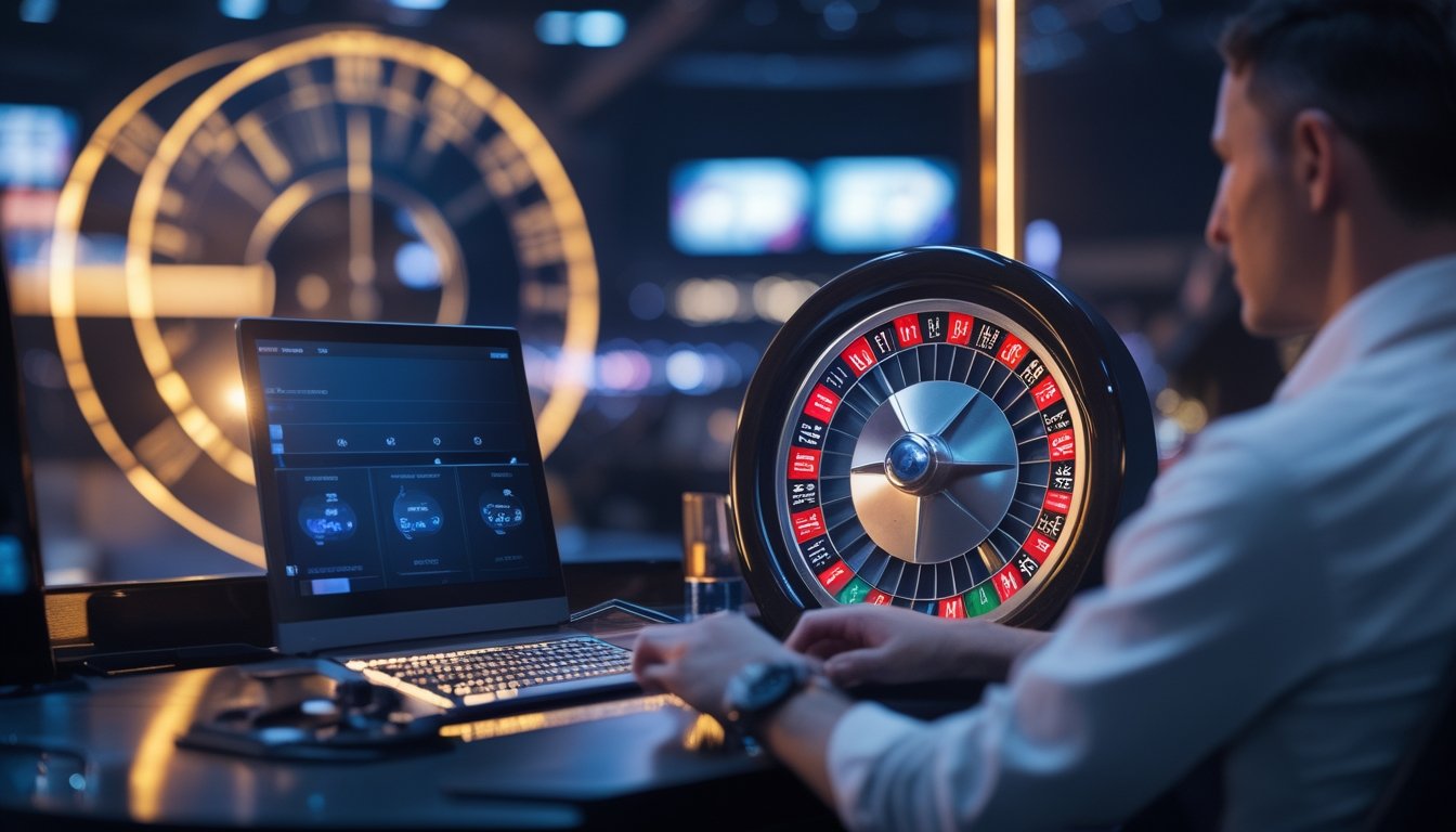 Seseorang mengamati roda roulette digital dalam suasana ruang permainan yang redup.