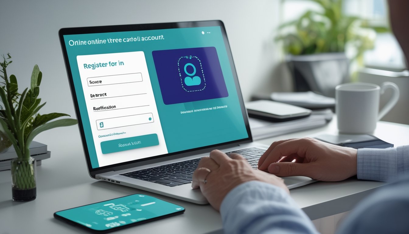 Seseorang menggunakan laptop untuk mendaftarkan akun permainan kartu online dengan ponsel di sampingnya.