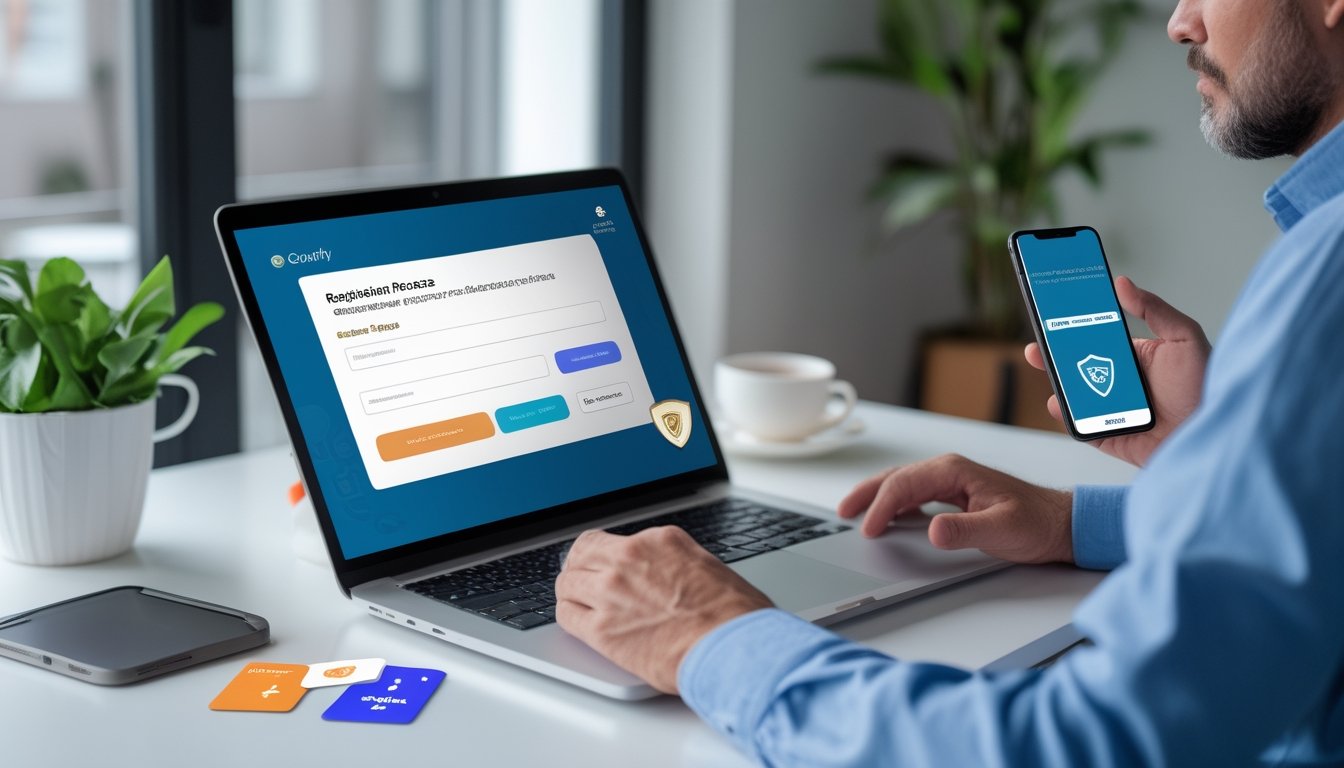 Orang dewasa memeriksa proses pendaftaran layanan poker online resmi di laptop dengan simbol keamanan dan pilihan platform.