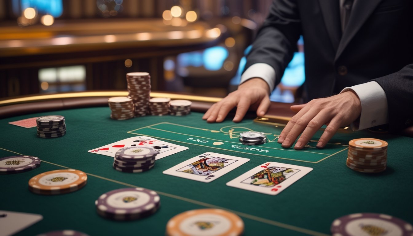 Meja poker kasino dengan kartu tertutup, keping taruhan, dan tangan dealer yang sedang menyiapkan permainan.