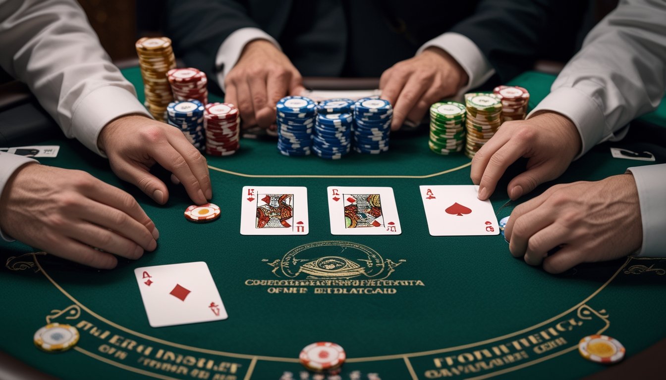 Tangan pemain menata tiga kartu tertutup dan keping taruhan di meja Three Card Poker, dengan dealer terlihat di seberang meja.