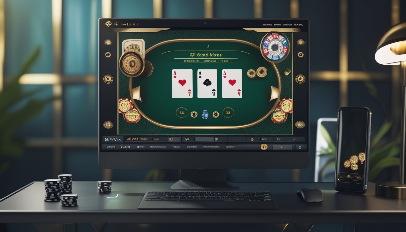 Laptop dan ponsel menampilkan permainan poker tiga kartu dengan kartu remi dan chip di atas meja.