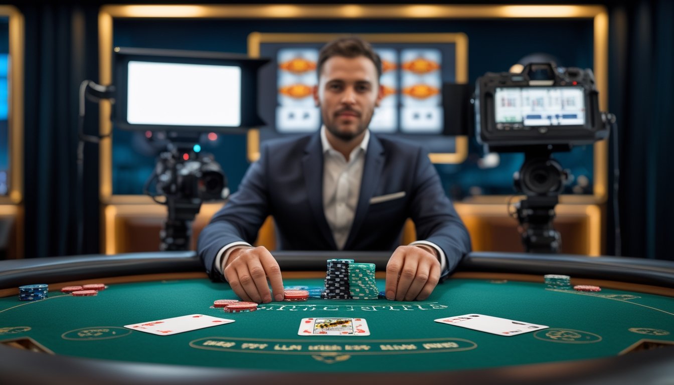 Dealer menata tiga kartu dan chip di meja poker dalam suasana kasino dengan peralatan siaran langsung.