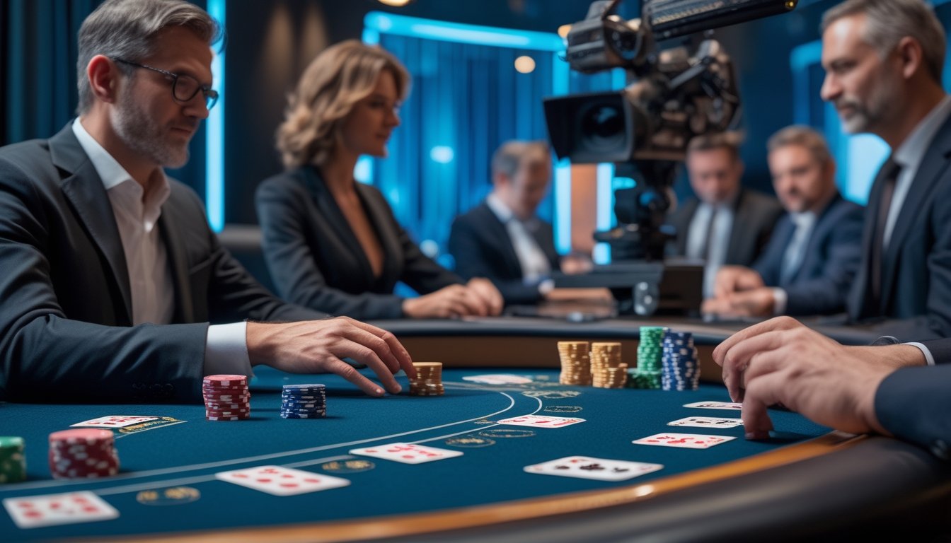 Meja Three Card Poker dengan kartu, chip, dealer, pemain dewasa, dan kamera siaran di studio kasino.