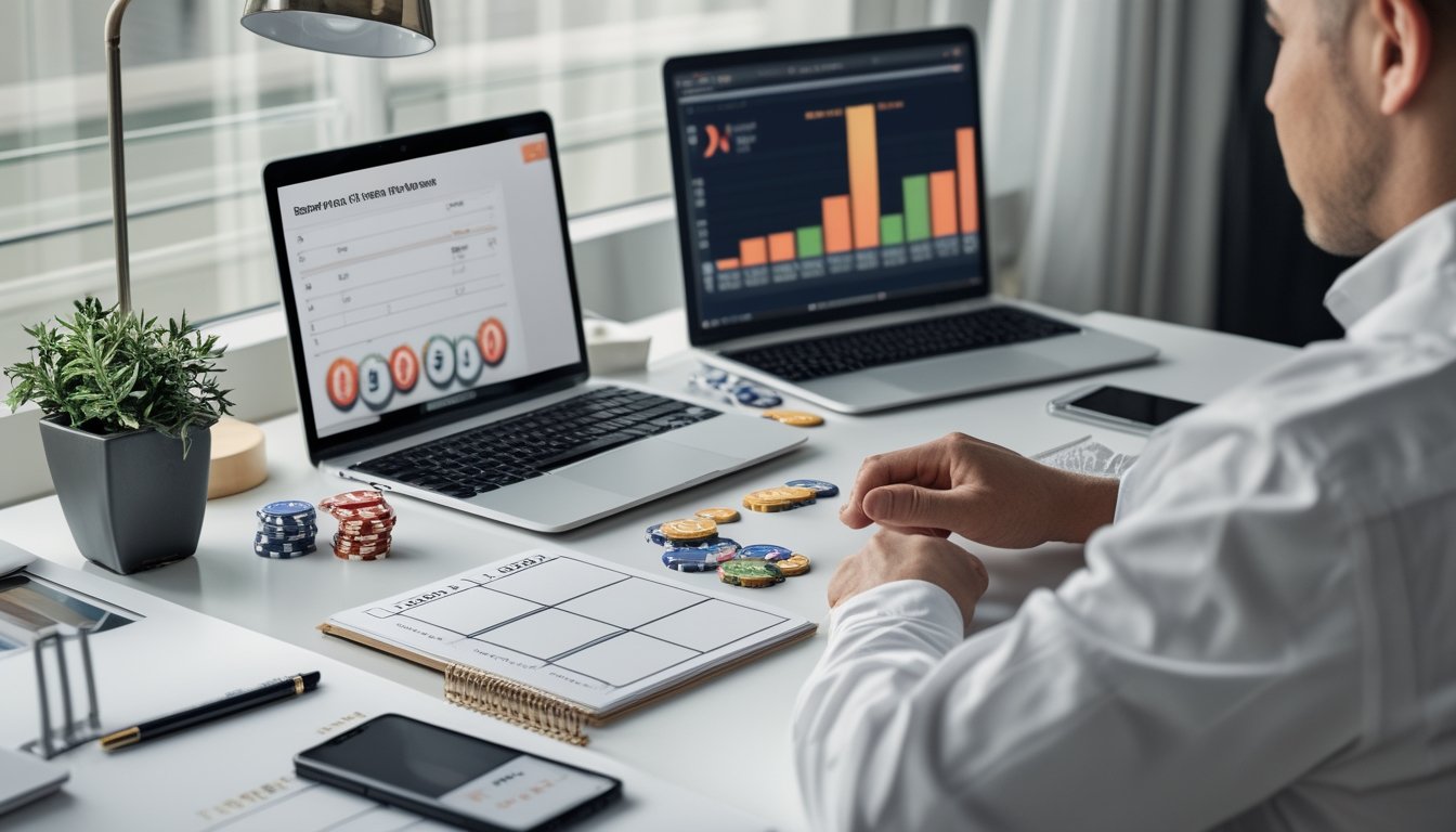 Seorang pria mengatur tumpukan chip poker dan mencatat anggaran di meja sambil melihat permainan poker online di laptop.