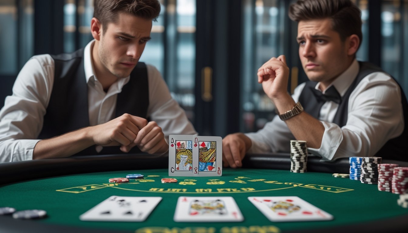 Pemain poker pemula tampak bingung dan ragu saat membuat keputusan di meja Three Card Poker.