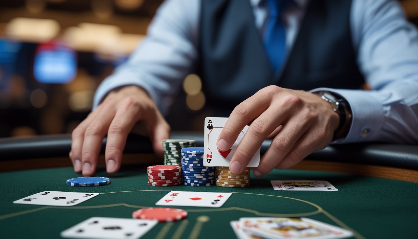 Pemain pemula Three Card Poker ragu memilih antara bertaruh atau melipat kartu di meja kasino.