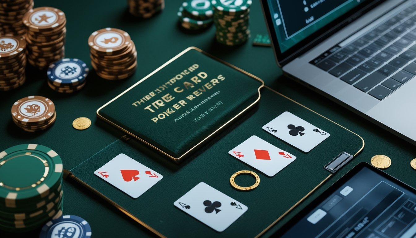 Tiga kartu poker di atas meja felt hijau dengan laptop dan keping kasino.