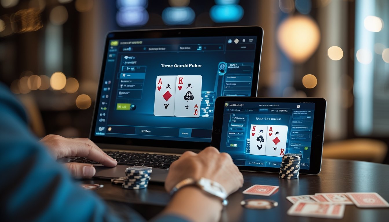 Perangkat digital menampilkan antarmuka permainan Three Card Poker dengan kartu dan keping poker di meja.