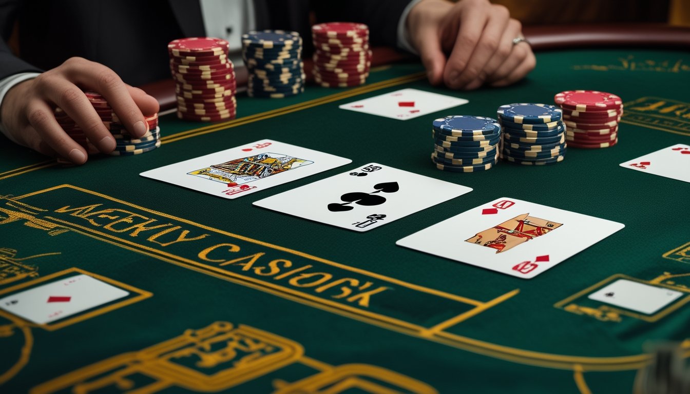 Meja Three Card Poker dengan tiga kartu, tumpukan chip kasino, dan kalender kecil tanpa tulisan.