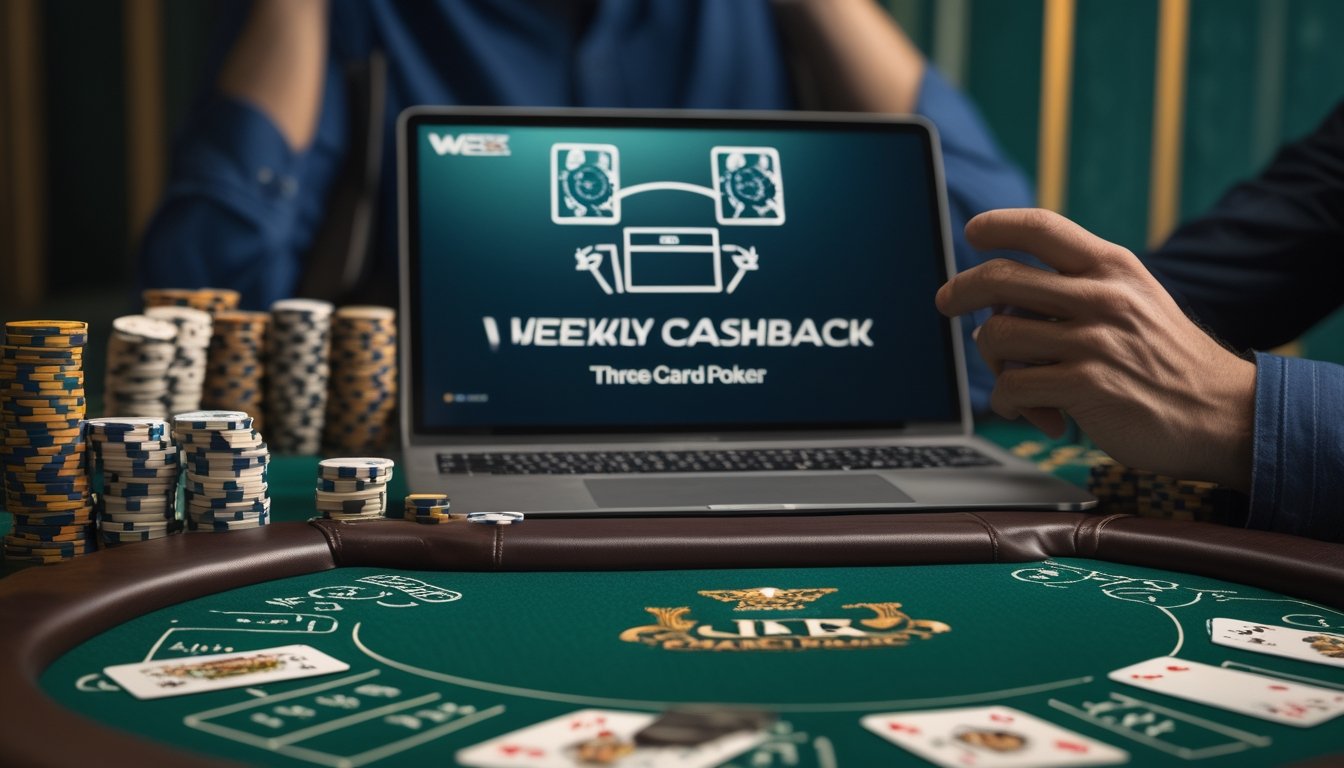 Pemain meninjau aktivitas taruhan Three Card Poker di dekat meja kasino dengan kartu dan chip poker.