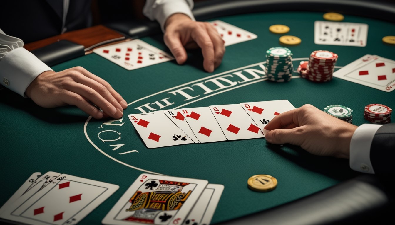 Tiga kartu poker tersusun di atas meja kasino hijau dengan keping taruhan dan tangan dealer.