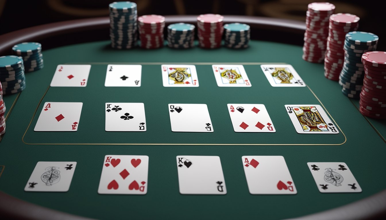 Susunan kombinasi kartu Three Card Poker dari yang tertinggi hingga terendah di atas meja poker.