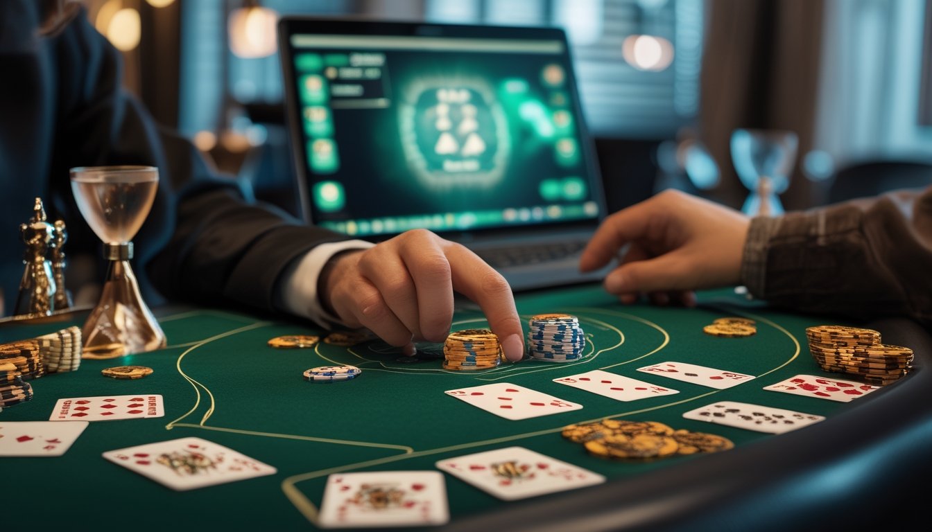 Orang dewasa memainkan Three Card Poker secara online dengan laptop di depan meja berisi kartu dan keping poker.
