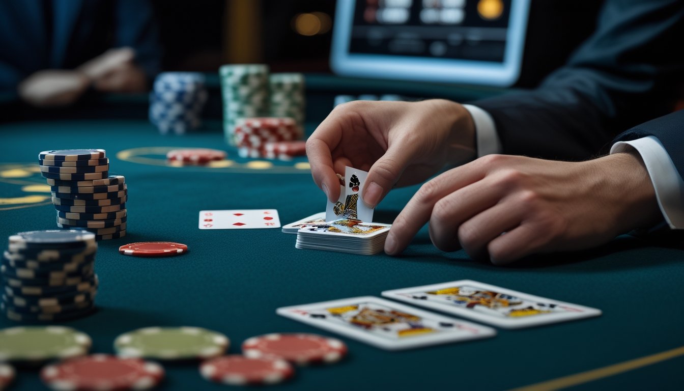 Tangan bandar menata tiga kartu dan keping poker di atas meja kasino.
