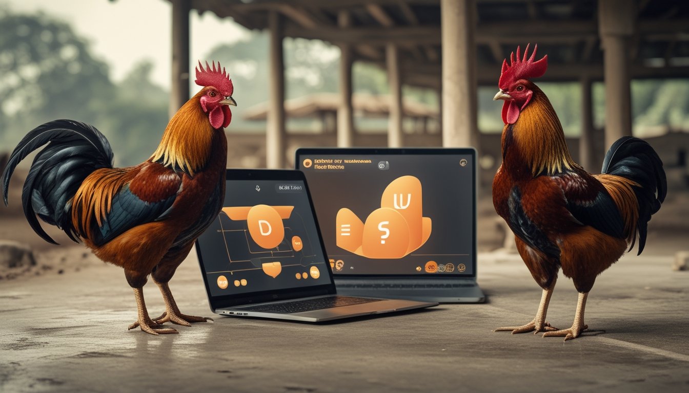 Dua ayam jantan sehat berdiri tenang di area tradisional yang bersih dengan perangkat digital modern.
