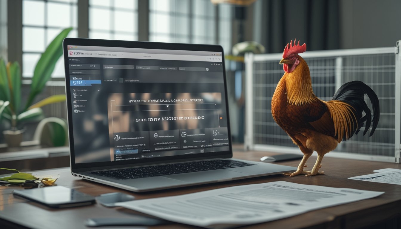 Laptop dan dokumen hukum berada di dekat ayam dalam kandang, menggambarkan pengawasan terhadap taruhan sabung ayam daring.