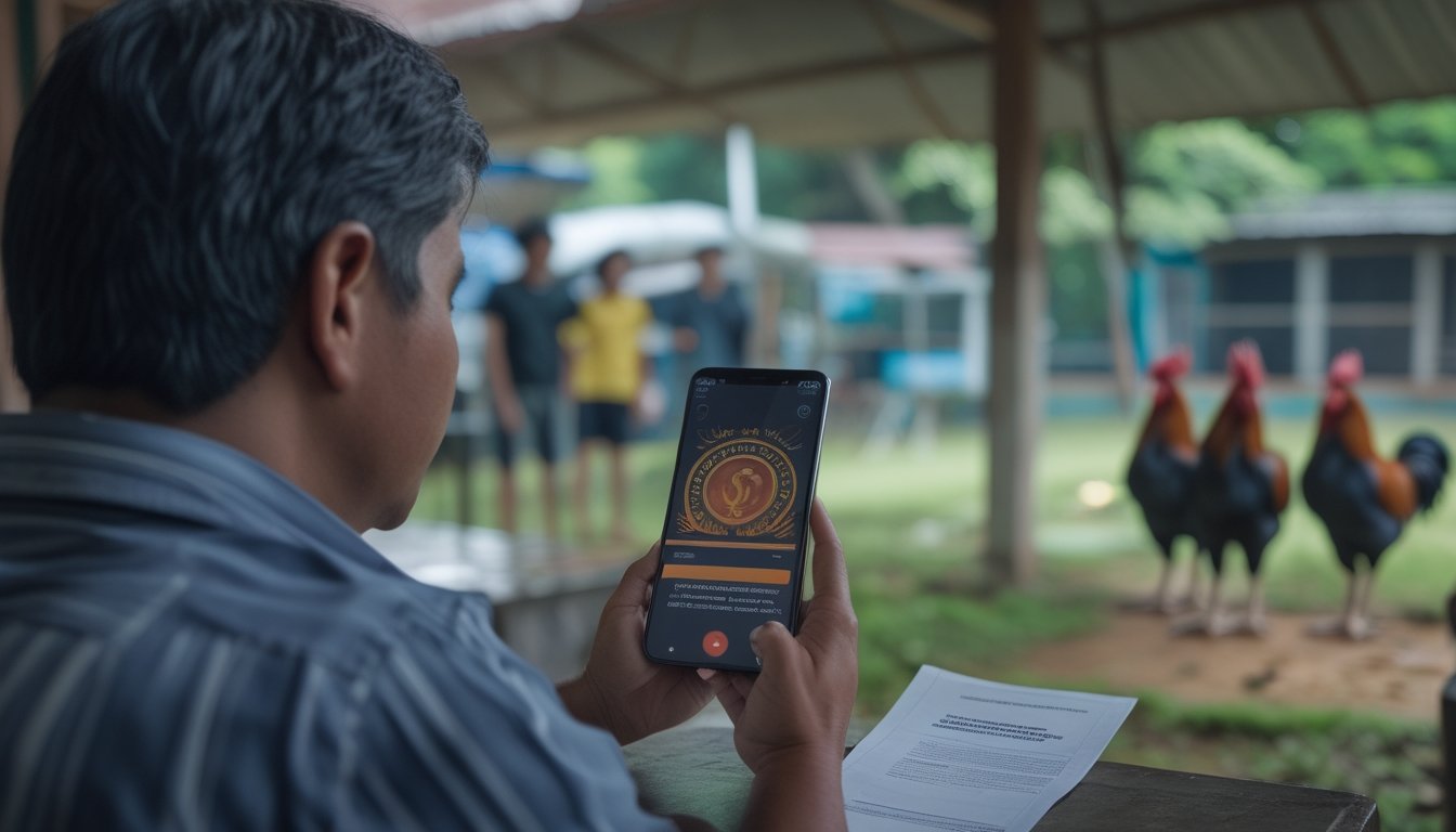 Seseorang tampak khawatir melihat ponsel di dekat arena sabung ayam yang tidak sedang berlangsung.