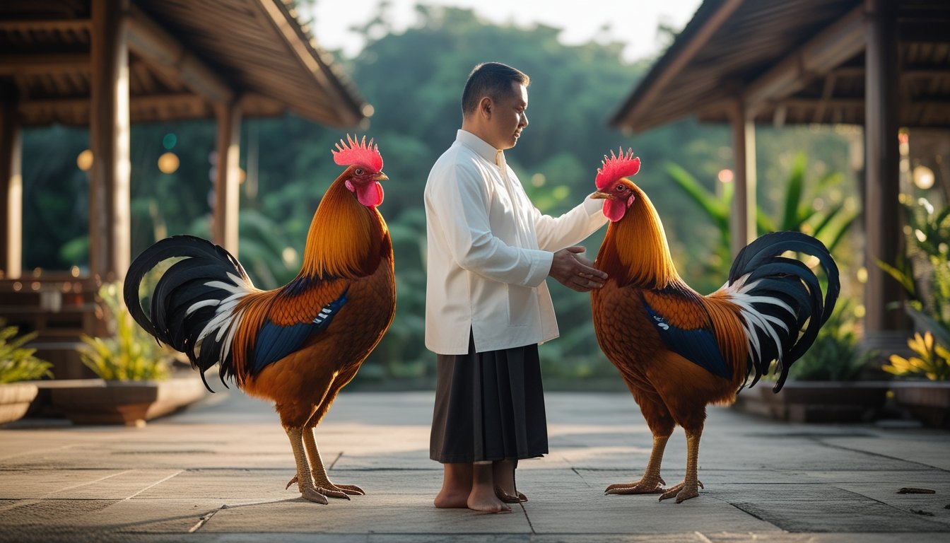 Dua ayam jantan sehat berdiri di halaman pedesaan sementara seorang pawang merawat salah satunya.