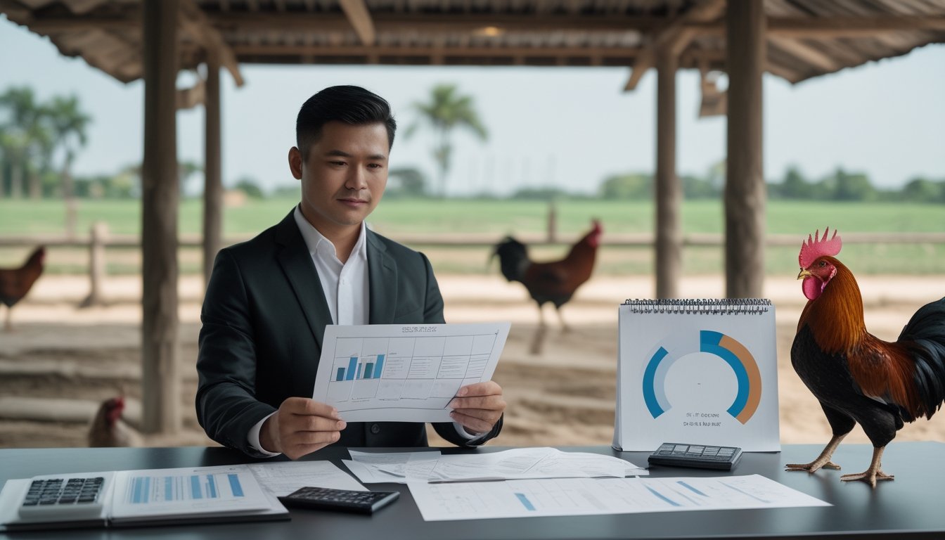 Seorang profesional meninjau dokumen analisis di dekat kandang ayam yang terawat.