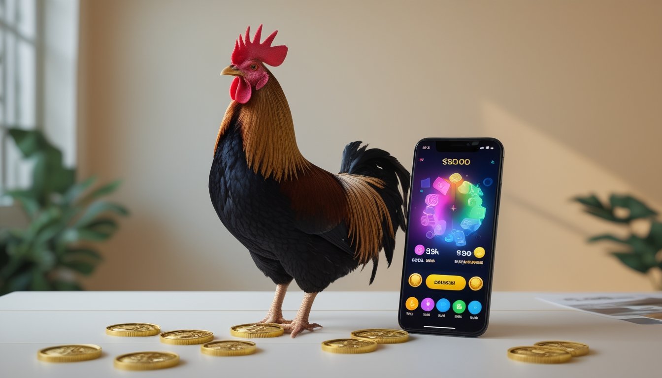 Seekor ayam jantan sehat berdiri di samping ponsel dengan tampilan permainan digital abstrak.