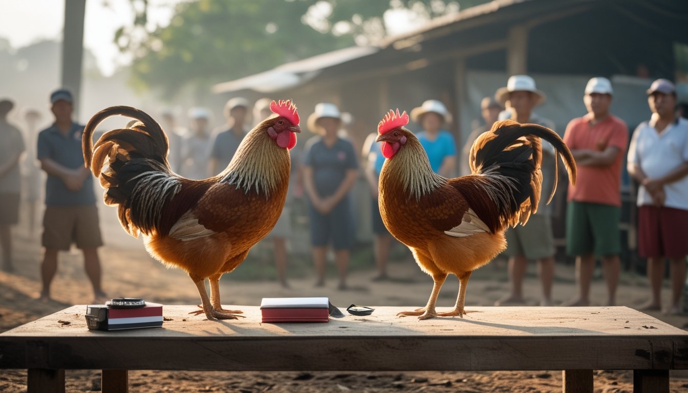 Dua ayam jantan sehat berada terpisah di arena terbuka dengan beberapa orang mengamati dari kejauhan.