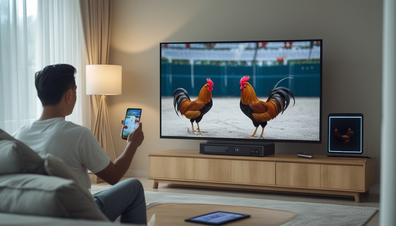 Seseorang menonton siaran langsung kompetisi ayam tradisional di ruang media rumah dengan perangkat digital dan koneksi internet.