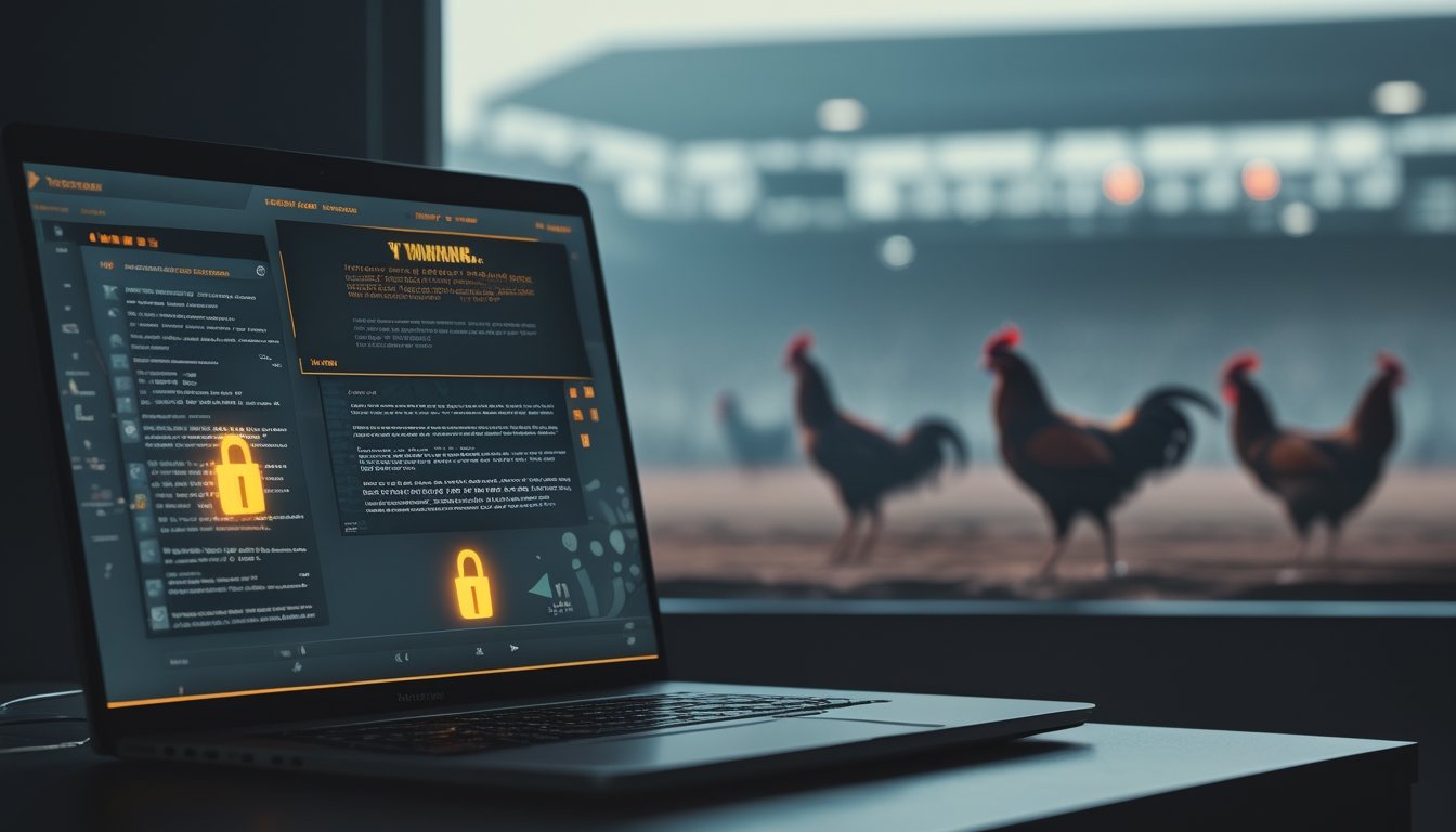 Laptop dan ponsel menampilkan tanda peringatan keamanan digital dengan latar suasana arena sabung ayam yang samar.