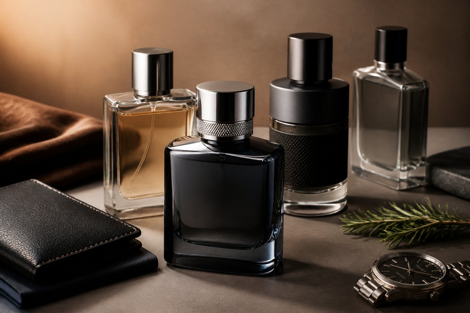 Plusieurs flacons de parfum pour homme disposés sur une surface élégante avec une montre et un portefeuille en arrière-plan.