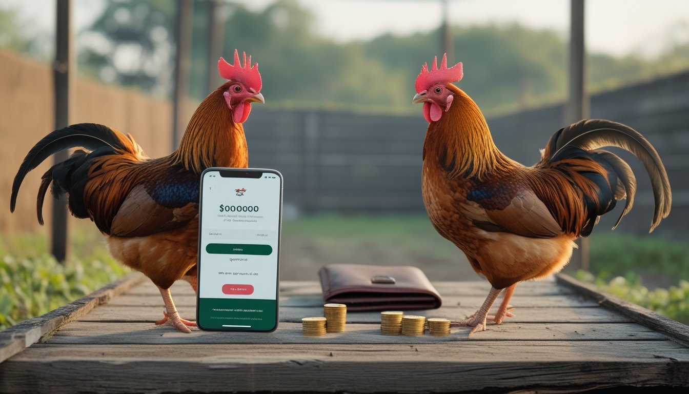 Ponsel dengan antarmuka taruhan abstrak diletakkan di dekat dua ayam jantan yang berdiri tenang di lingkungan peternakan.